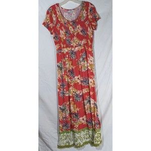 Faith Maxi Red Floral Dress, Tropical, Button Side Slit, Beaded Accents